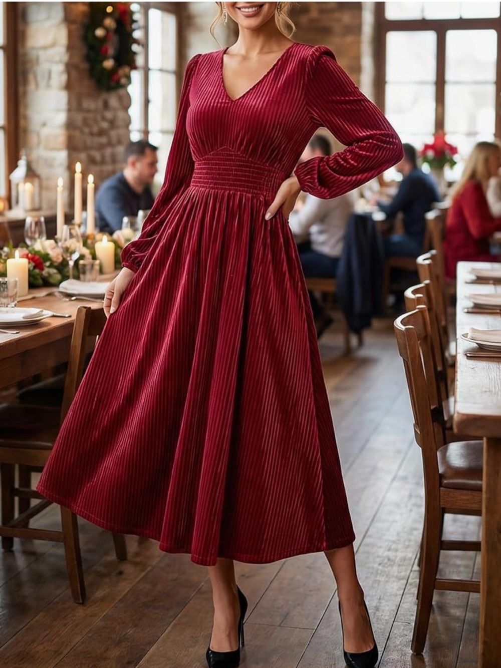 Women's Velvet V-Neck Long Sleeve Midi Dress - Red